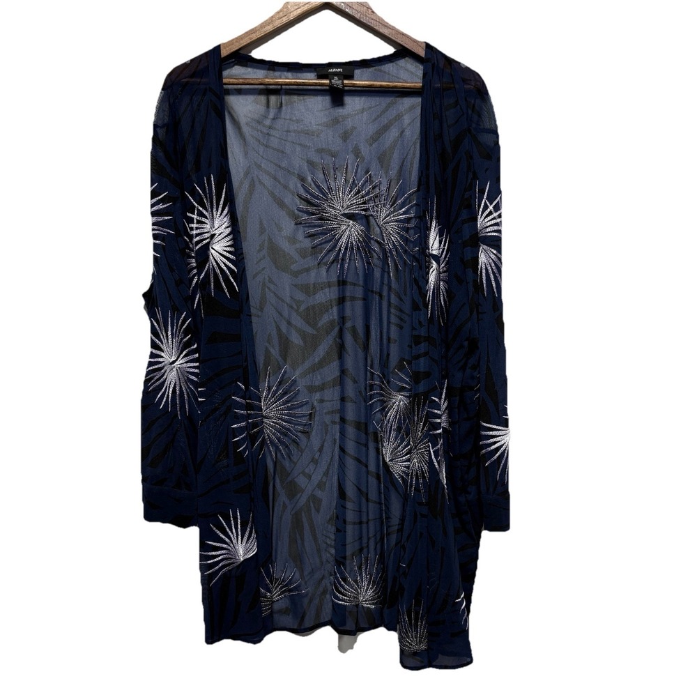 Alfani Kimono Womens XL Blue Star Embroidered Sheer Long Sleeve Cardigan Topper